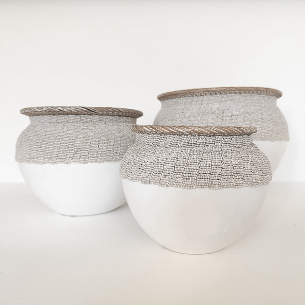 Rattan Vase - White with Natural Beaded Trim