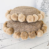 Raffia Pom Pom Cushion - Round