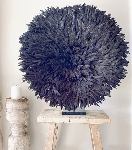 Bamileke Feather Juju Hat Black Rustic White Wood