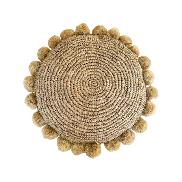 Raffia Pom Pom Cushion - Round