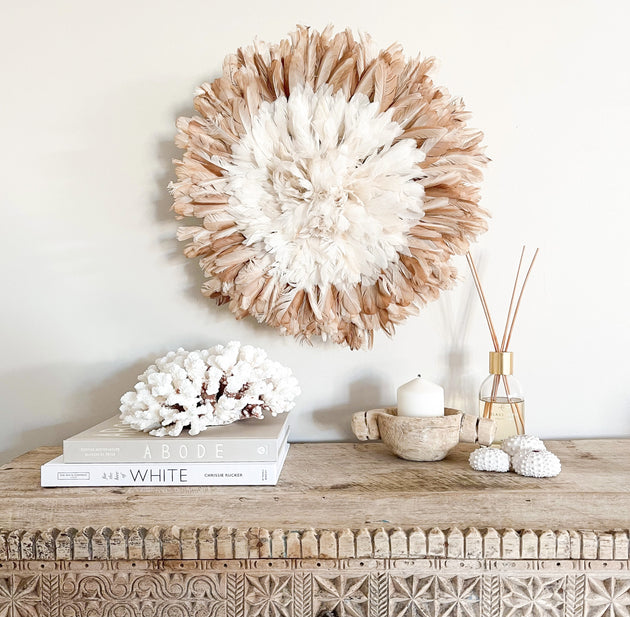 Bamileke Feather Juju Hat - White with Natural Brown Tips