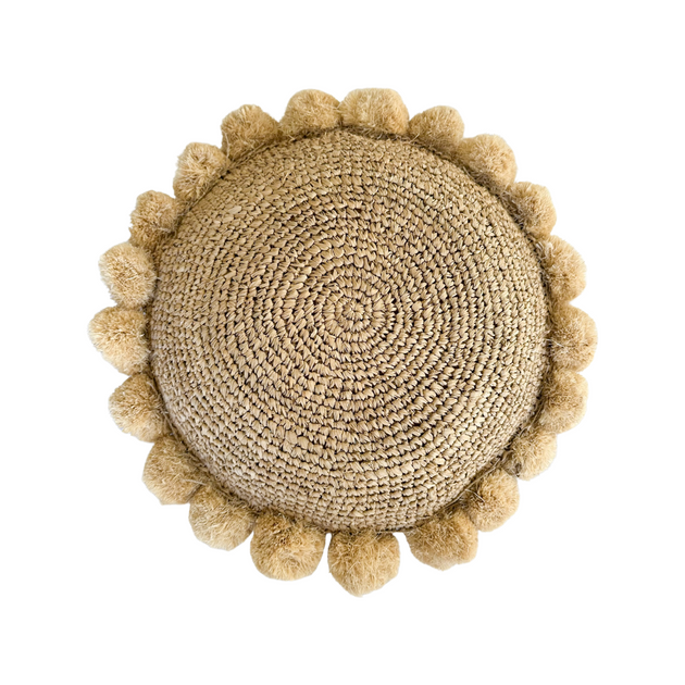 Raffia Pom Pom Cushion - Round