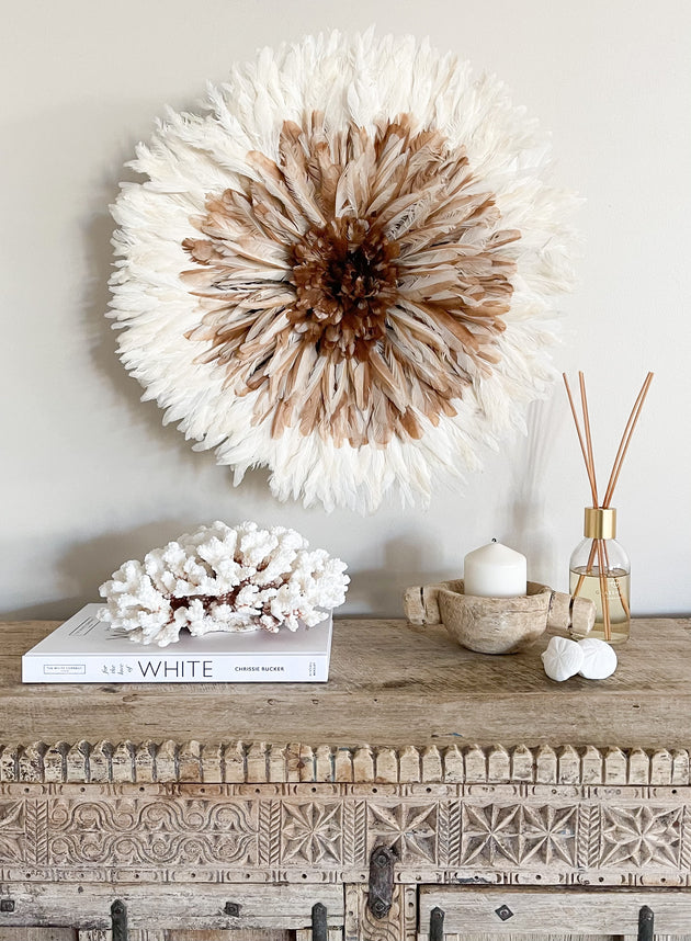 Bamileke Feather Juju Hat - Natural Brown with White Tips