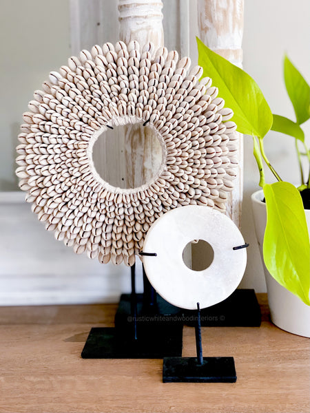Tribal Cowrie Shell Collar with stand Rustic White Wood