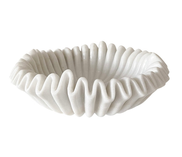 Marble Fluted Bowl Wavy Ripple Hand Carved Rustic White & Wood