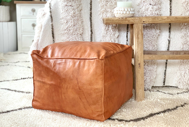 Moroccan Pouf Ottoman - Square Tan