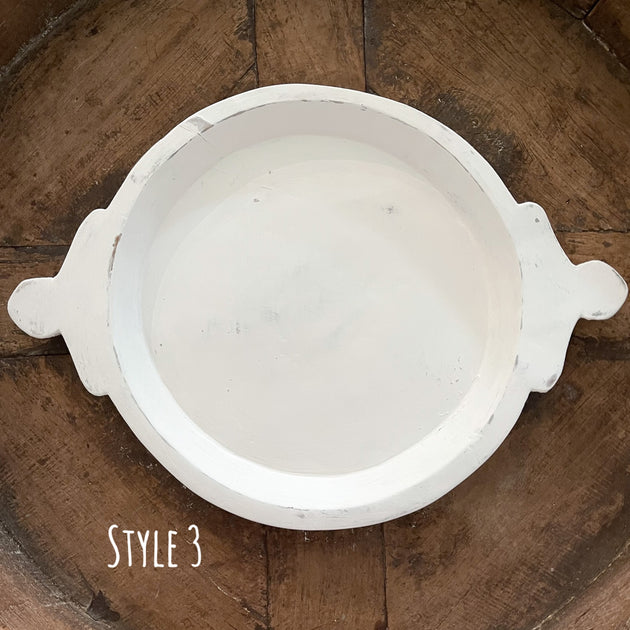 Wooden Chapati Bowl, Old Indian - White-washed