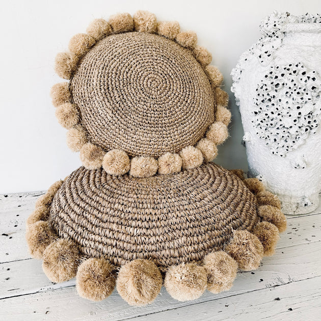 Raffia Pom Pom Cushion - Round