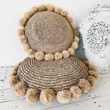 Raffia Pom Pom Cushion - Round