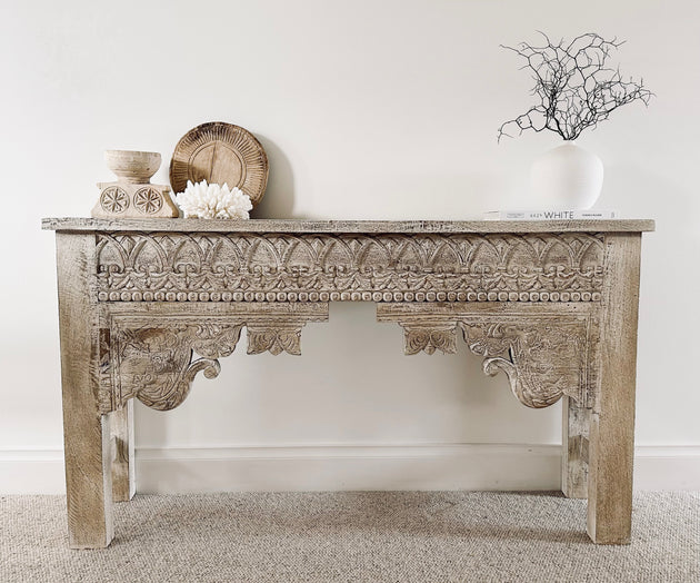 Indian Carved Console Table - Whitewashed