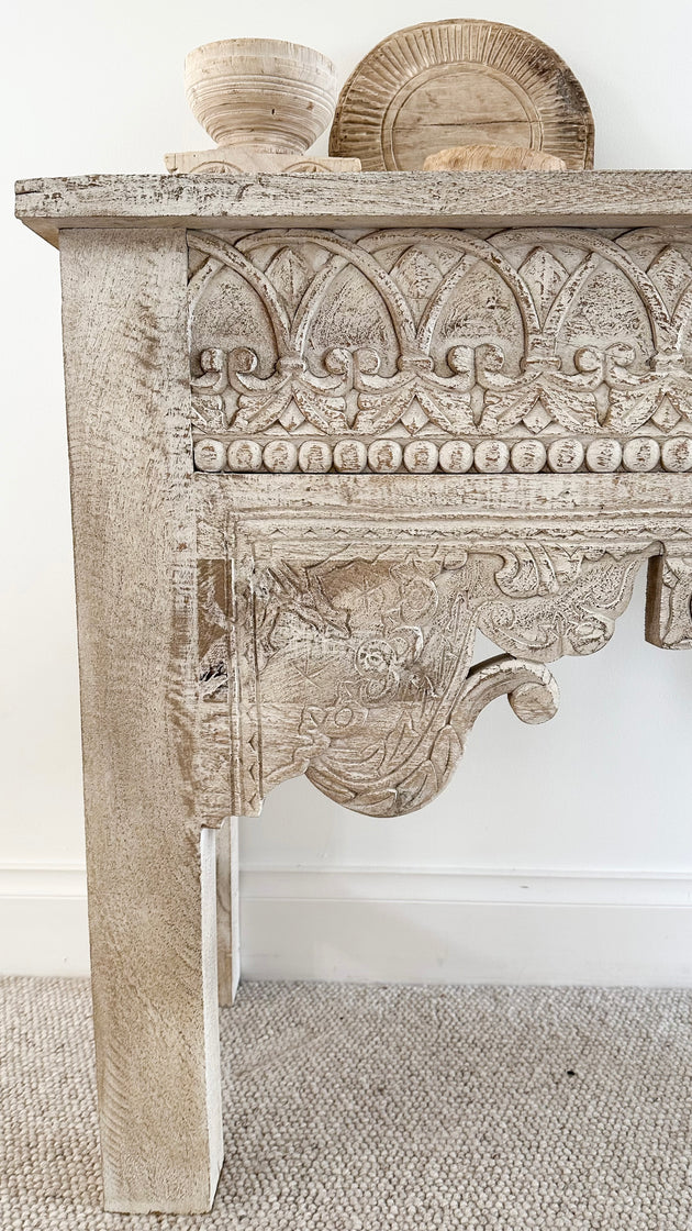 Indian Carved Console Table - Whitewashed