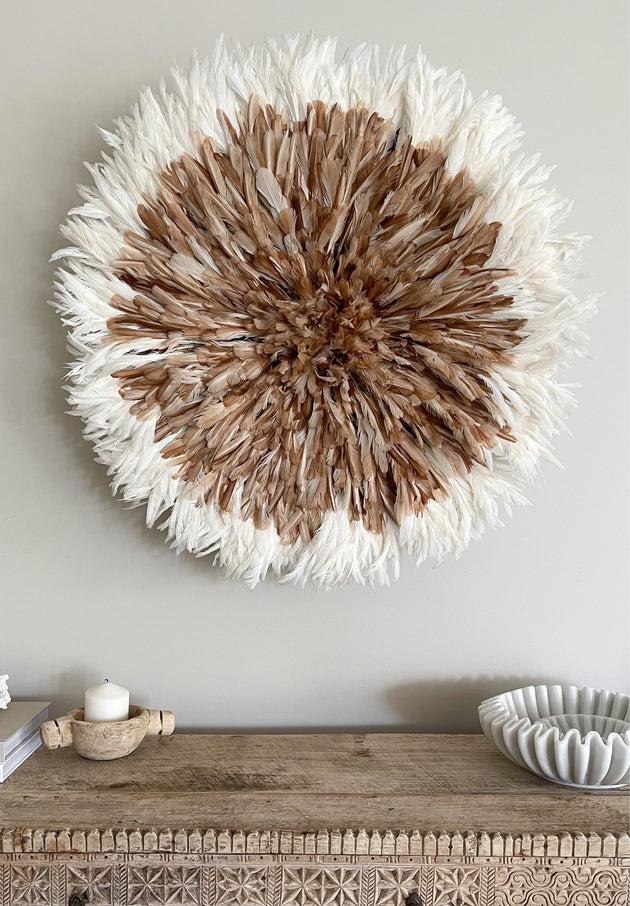 Bamileke Feather Juju Hat - Natural Brown with White Tips