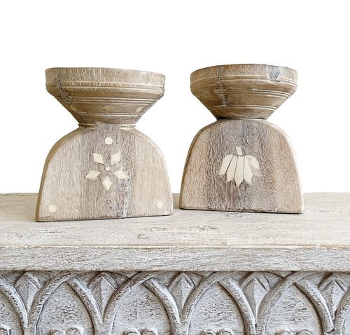 Old Bone Inlay Candle Stands