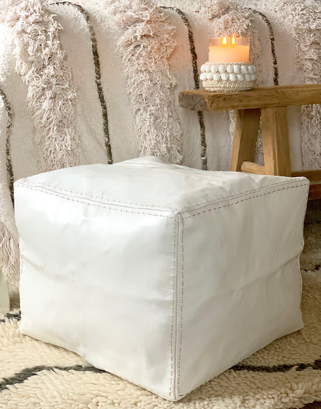 Moroccan Pouf Ottoman - Square White